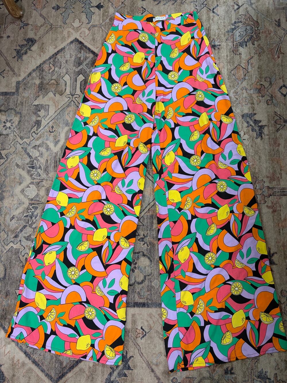 LOAVIES Women XS Fruit Lemon Print High Rise Wide Leg Pants Multicolor